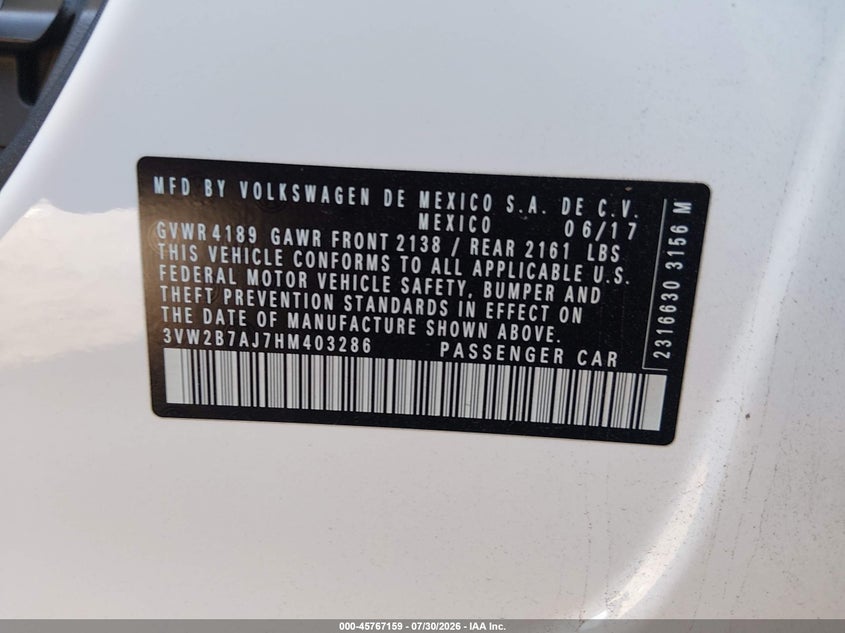 2017 Volkswagen Jetta VIN 3VW2B7AJ7HM403286 IAAI salvage auction — RIGHT FRONT, Salvage (Arizona), sold $2,850 on 2026-09-15 (photo 9)