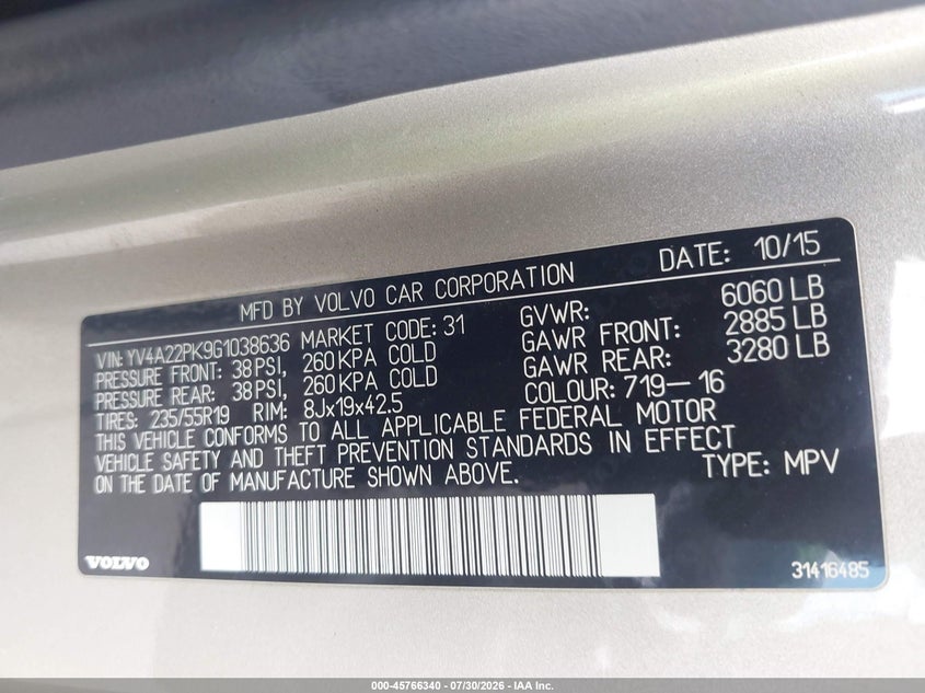2016 Volvo Xc90 VIN YV4A22PK9G1038636 IAAI salvage auction — LEFT REAR, Salvage Title, sold $4,950 on 2026-08-21 (photo 9)