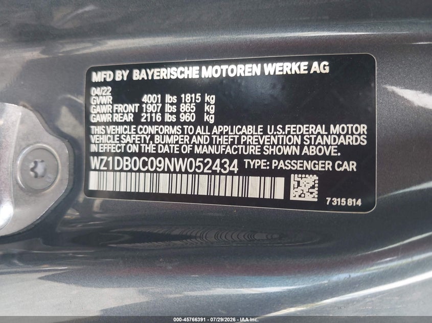 2022 Toyota Supra VIN WZ1DB0C09NW052434 IAAI salvage auction — ALL OVER, Salvage Title, sold $5,550 on 2026-08-06 (photo 9)