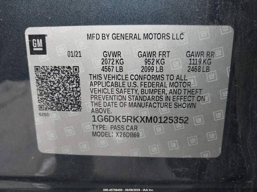 2021 Cadillac Ct4 VIN 1G6DK5RKXM0125352 IAAI salvage auction — LEFT FRONT, Salvage Title, sold $5,800 on 2026-08-24 (photo 9)