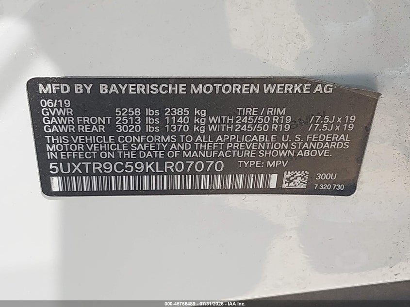 2019 BMW X3 VIN 5UXTR9C59KLR07070 IAAI salvage auction — REAR END, Salvage Title, sold $6,800 on 2026-09-15 (photo 9)