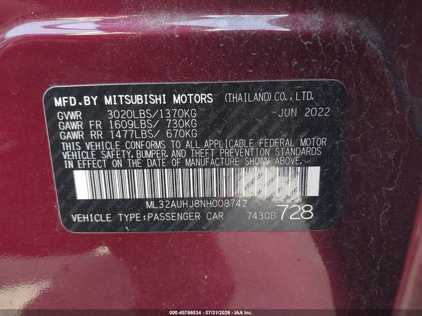 2022 Mitsubishi Mirage VIN ML32AUHJ8NH008742 IAAI salvage auction — Unknown, Salvage Title, sold $2,450 on 2026-09-23 (photo 9)
