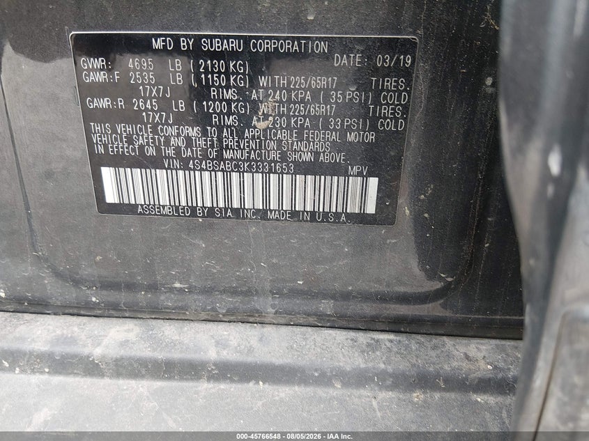 2019 Subaru Outback VIN 4S4BSABC3K3331653 IAAI salvage auction — LEFT FRONT, Salvage (Kentucky), sold $1,575 on 2026-09-07 (photo 9)