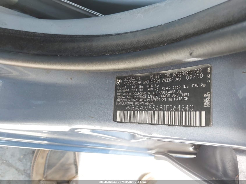 2001 BMW 3 series VIN WBAAV53481FJ64240 IAAI salvage auction — NORMAL WEAR, App For Dup Clear (California), sold $175 on 2026-08-27 (photo 9)