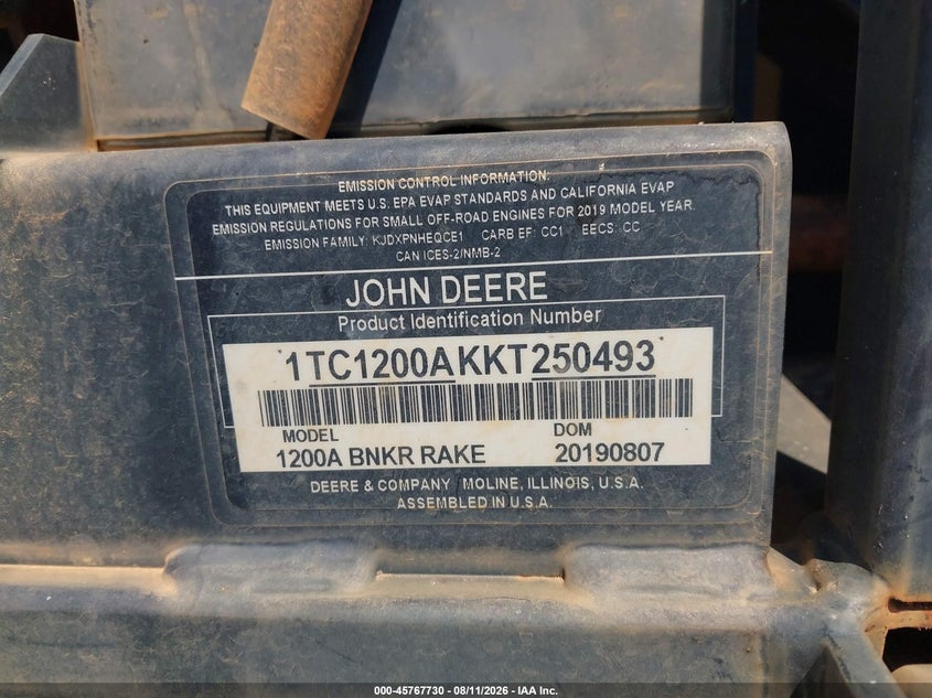 2019 John deere Other VIN 1TC1200AKKT250493 IAAI salvage auction — WATER/FLOOD, Bill Of Sale (North Carolina), sold $150 on 2026-09-18 (photo 9)
