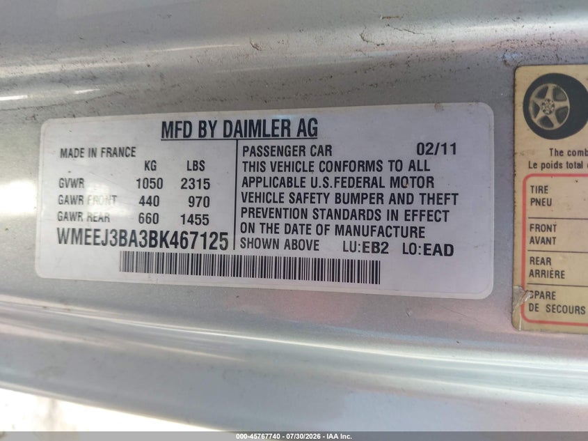 2011 Smart Fortwo VIN WMEEJ3BA3BK467125 IAAI salvage auction — NORMAL WEAR, Clear - Dealer Only (California), sold $800 on 2026-08-07 (photo 9)