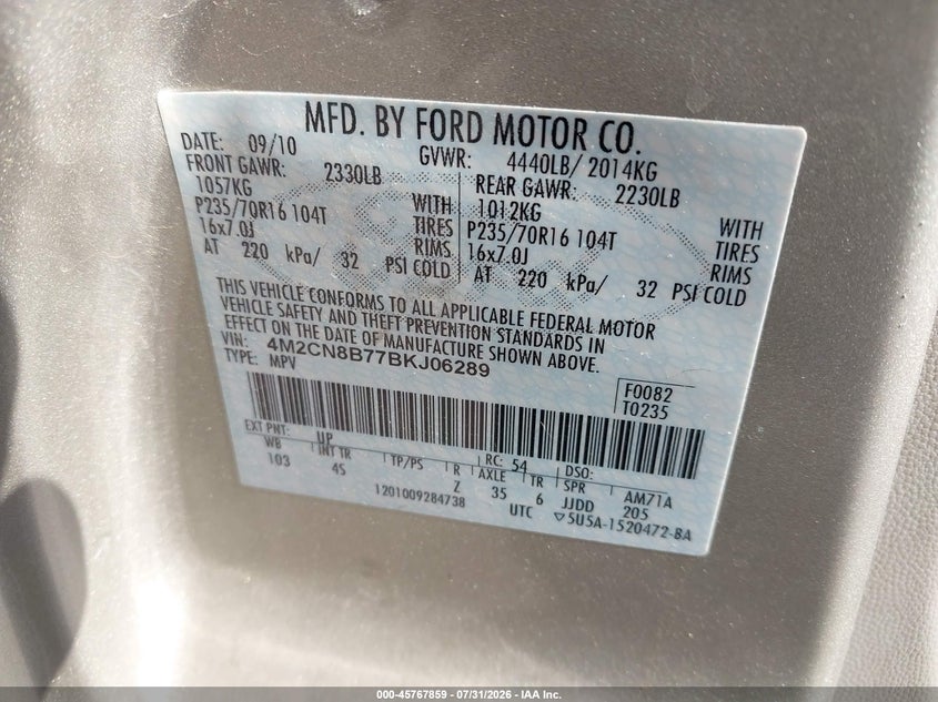 2011 Mercury Mariner VIN 4M2CN8B77BKJ06289 IAAI salvage auction — FRONT & REAR, Salvage (Arizona), sold $550 on 2026-10-05 (photo 9)