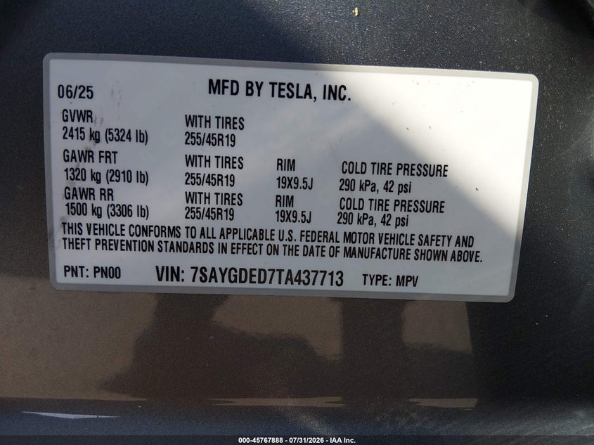 2026 Tesla Model y VIN 7SAYGDED7TA437713 IAAI salvage auction — WATER/FLOOD, Salvage (New Jersey), sold $27,900 on 2026-09-24 (photo 9)