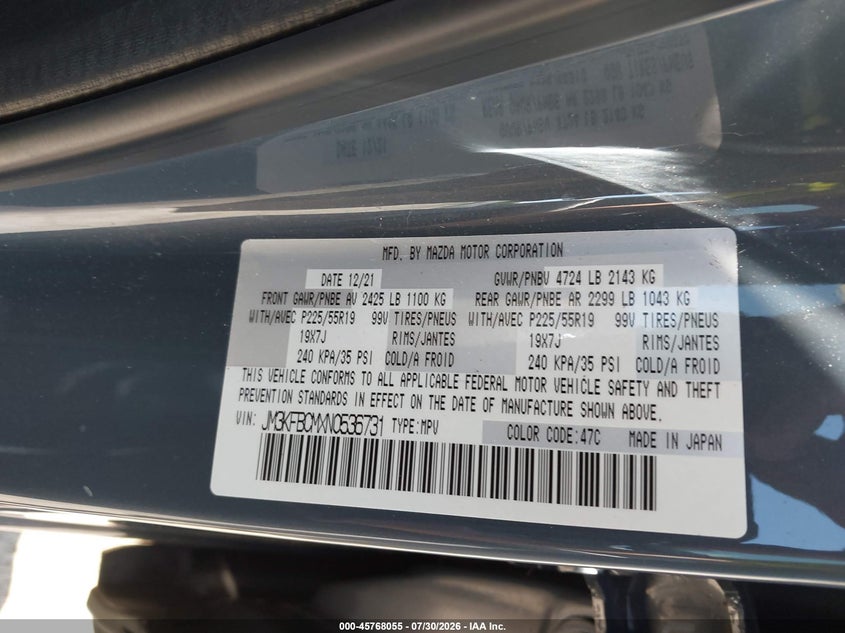 2022 Mazda Cx-5 VIN JM3KFBCMXN0536731 IAAI salvage auction — FRONT END, Salvage (Virginia), sold $7,700 on 2026-08-26 (photo 9)