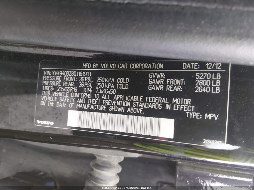 2013 Volvo Xc70 VIN YV4940BZ8D1161913 IAAI salvage auction — NORMAL WEAR, Salvage Title, sold $425 on 2026-08-11 (photo 9)