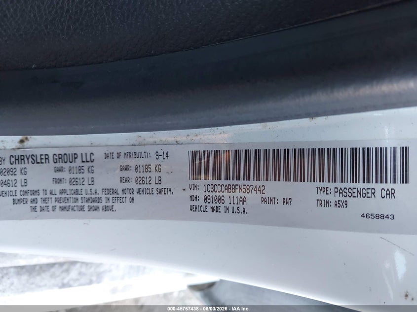 2015 Chrysler 200 VIN 1C3CCCAB8FN587442 IAAI salvage auction — FRONT END, Salvage (Georgia), sold $750 on 2026-08-28 (photo 9)