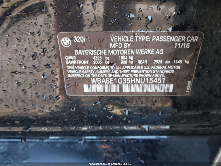 2017 BMW 3er VIN WBA8E1G35HNU15451 IAAI salvage auction — FRONT END, Salvage Title, sold $2,500 on 2026-08-21 (photo 9)