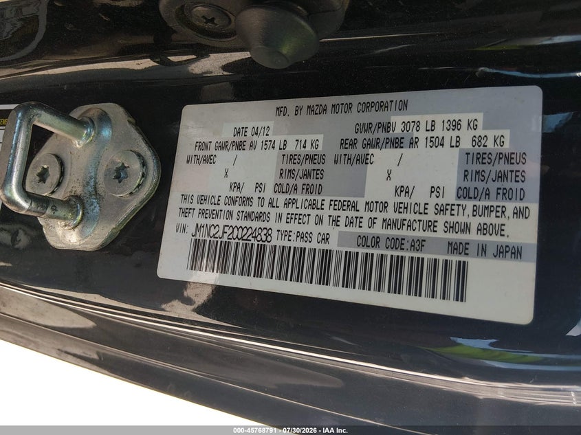 2012 Mazda Mx-5 VIN JM1NC2JF2C0224838 IAAI salvage auction — REAR END, Original (Texas), sold $3,100 on 2026-09-04 (photo 9)