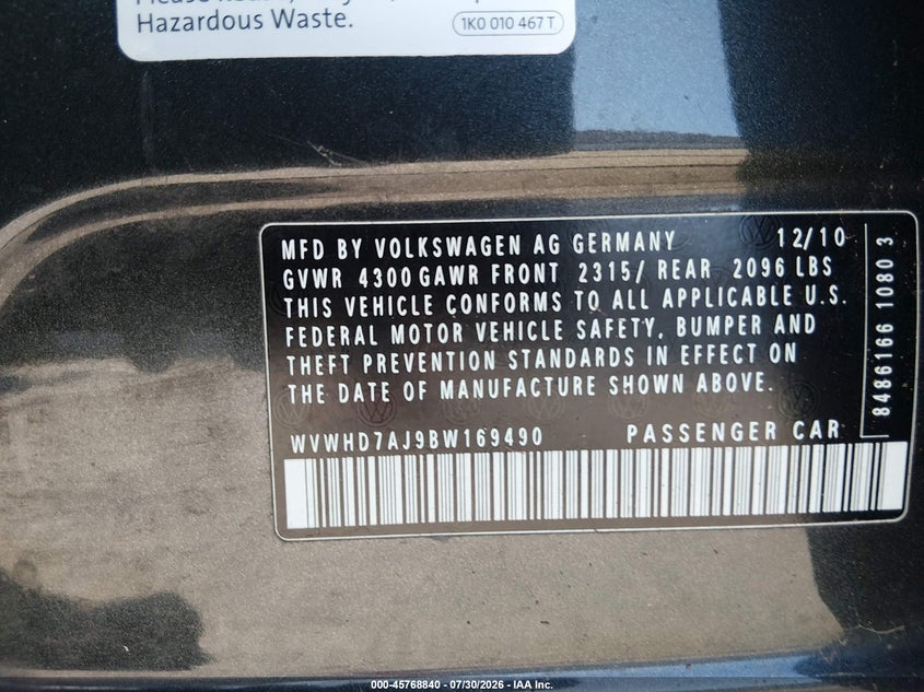 2011 Volkswagen Gti VIN WVWHD7AJ9BW169490 IAAI salvage auction — NORMAL WEAR, Clear - Dealer Only (California), sold $1,925 on 2026-08-10 (photo 9)