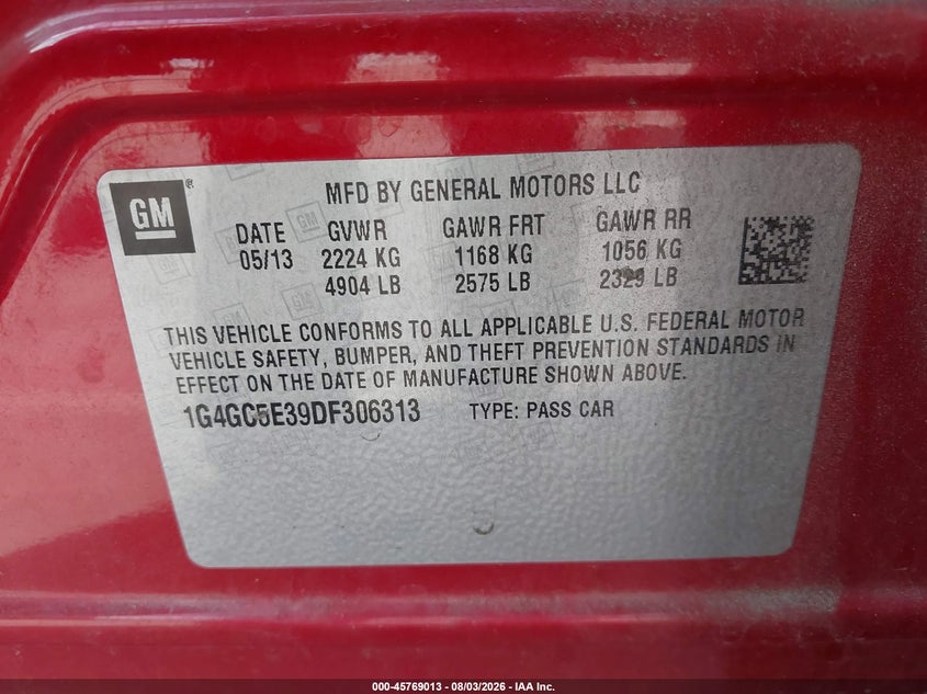 2013 Buick Lacrosse VIN 1G4GC5E39DF306313 IAAI salvage auction — FRONT & REAR, Salvage Title, sold $775 on 2026-08-23 (photo 9)