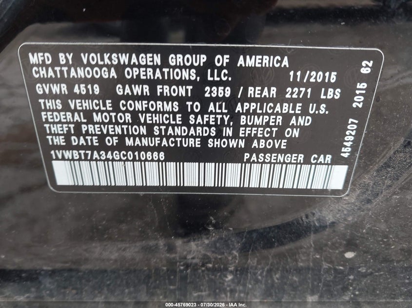 2016 Volkswagen Passat VIN 1VWBT7A34GC010666 IAAI salvage auction — NORMAL WEAR, Clear (Missouri), sold $425 on 2026-08-25 (photo 9)