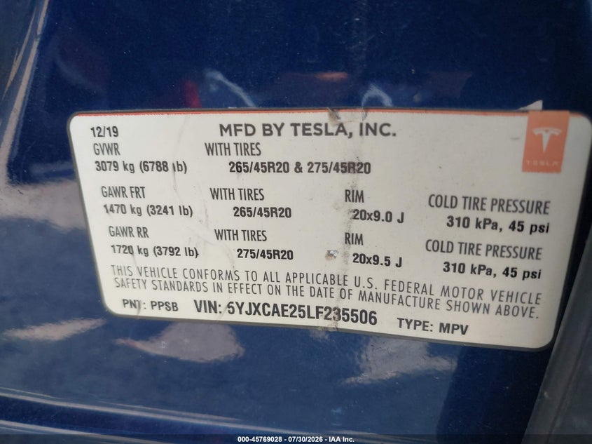 2020 Tesla Model x VIN 5YJXCAE25LF235506 IAAI salvage auction — NORMAL WEAR, Salvage Title, sold $8,075 on 2026-08-27 (photo 9)
