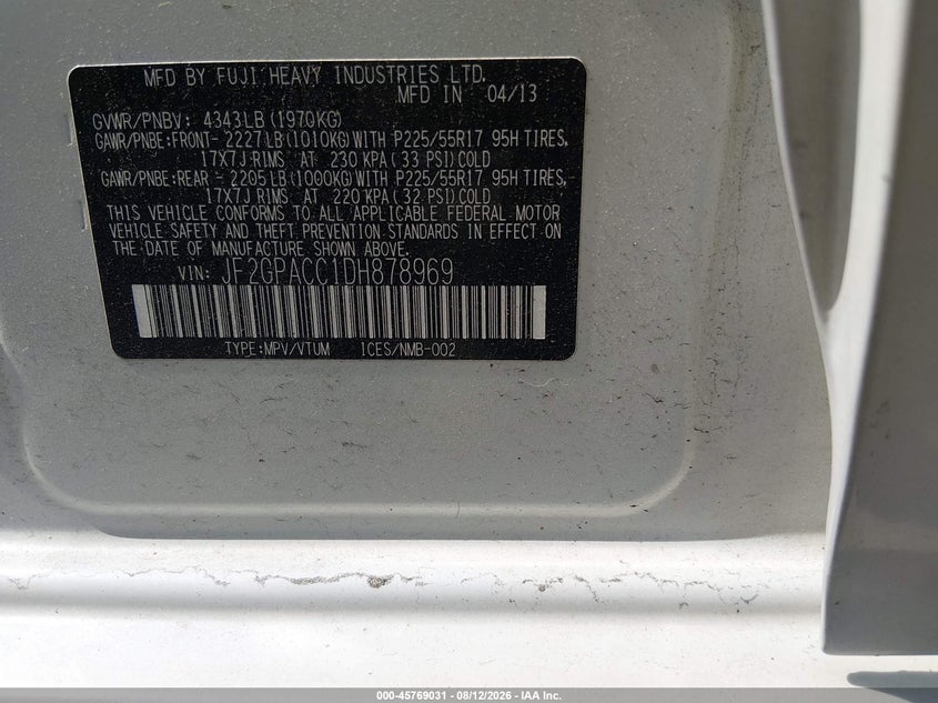 2013 Subaru Xv VIN JF2GPACC1DH878969 IAAI salvage auction — REAR END, Salvage (Rhode Island), sold $375 on 2026-09-28 (photo 9)