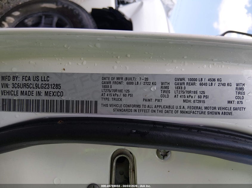 2020 Ram 2500 VIN 3C6UR5CL9LG231285 IAAI salvage auction — FRONT & REAR, Salvage (Arkansas), sold $8,800 on 2026-08-27 (photo 9)