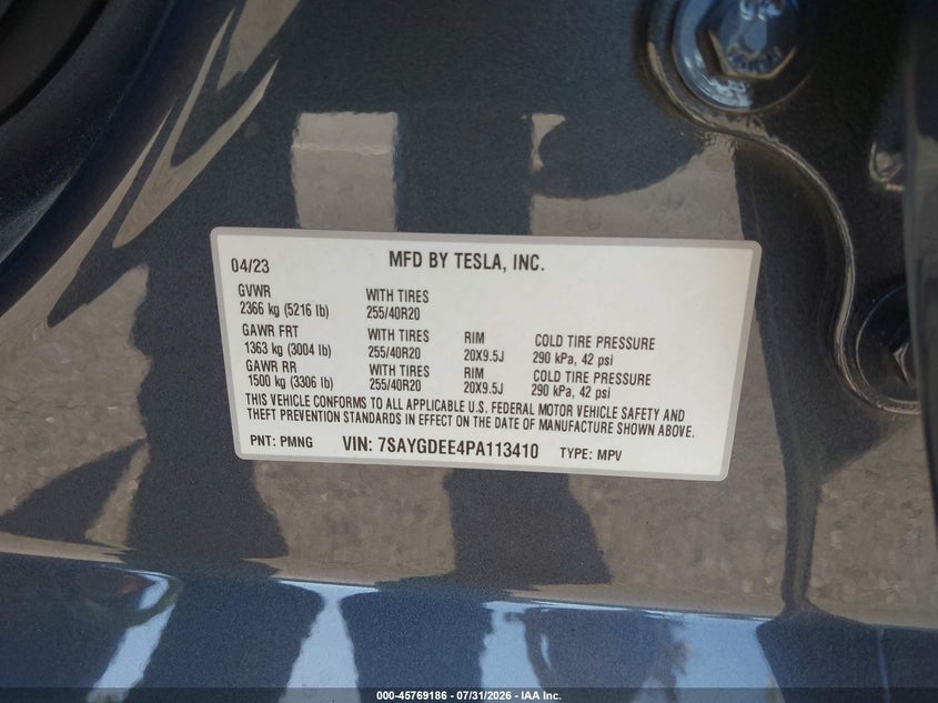 2023 Tesla Model y VIN 7SAYGDEE4PA113410 IAAI salvage auction — REAR END, Salvage (California), sold $13,400 on 2026-09-01 (photo 9)