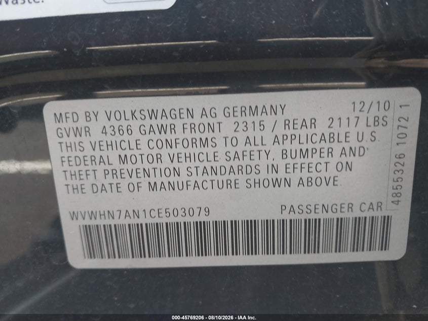 2012 Volkswagen Passat cc VIN WVWHN7AN1CE503079 IAAI salvage auction — NORMAL WEAR, Clear (Tennessee), sold $375 on 2026-08-13 (photo 9)