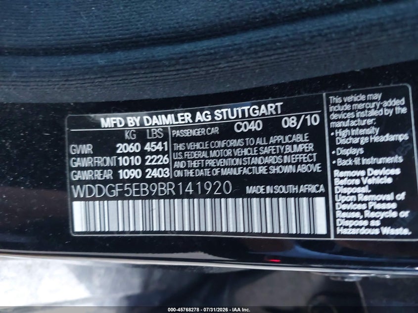 2011 Mercedes-benz C-klasse VIN WDDGF5EB9BR141920 IAAI salvage auction — FRONT END, Salvage - Greater Than 75% (Maryland), sold $475 on 2026-08-15 (photo 9)