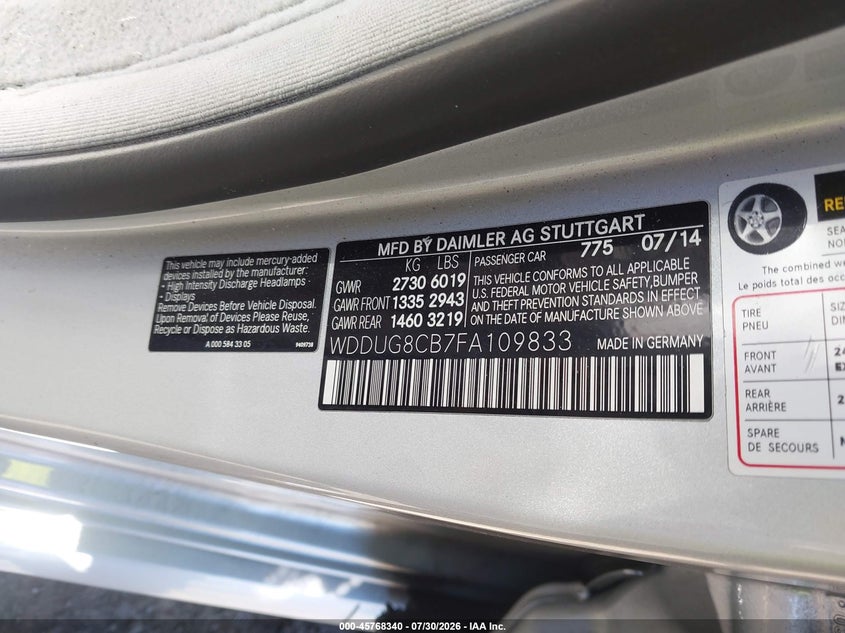 2015 Mercedes-benz S-klasse VIN WDDUG8CB7FA109833 IAAI salvage auction — FRONT END, Salvage Title, sold $4,150 on 2026-08-27 (photo 9)