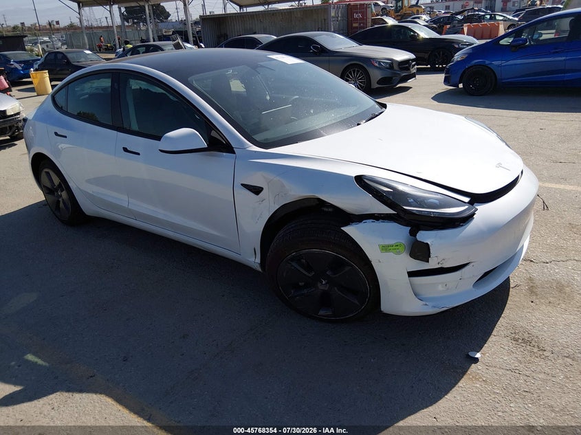 2023 Tesla Model 3 VIN 5YJ3E1EA0PF568203 IAAI salvage auction — RIGHT FRONT, Salvage (California), sold $6,500 on 2026-09-09 (photo 1)