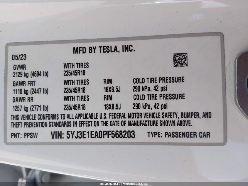 2023 Tesla Model 3 VIN 5YJ3E1EA0PF568203 IAAI salvage auction — RIGHT FRONT, Salvage (California), sold $6,500 on 2026-09-09 (photo 9)
