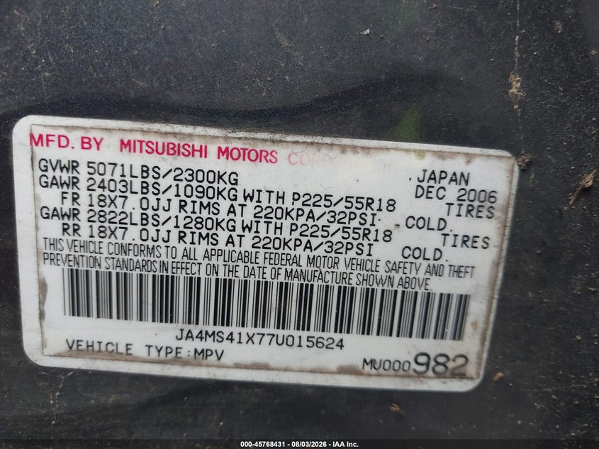 2007 Mitsubishi Outlander VIN JA4MS41X77U015624 IAAI salvage auction — NORMAL WEAR, Clear (North Carolina), sold $425 on 2026-09-03 (photo 9)