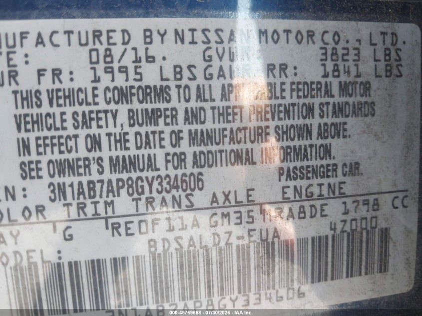 2016 Nissan Sentra VIN 3N1AB7AP8GY334606 IAAI salvage auction — FRONT & REAR, Salvage (California), sold $1,600 on 2026-08-03 (photo 9)