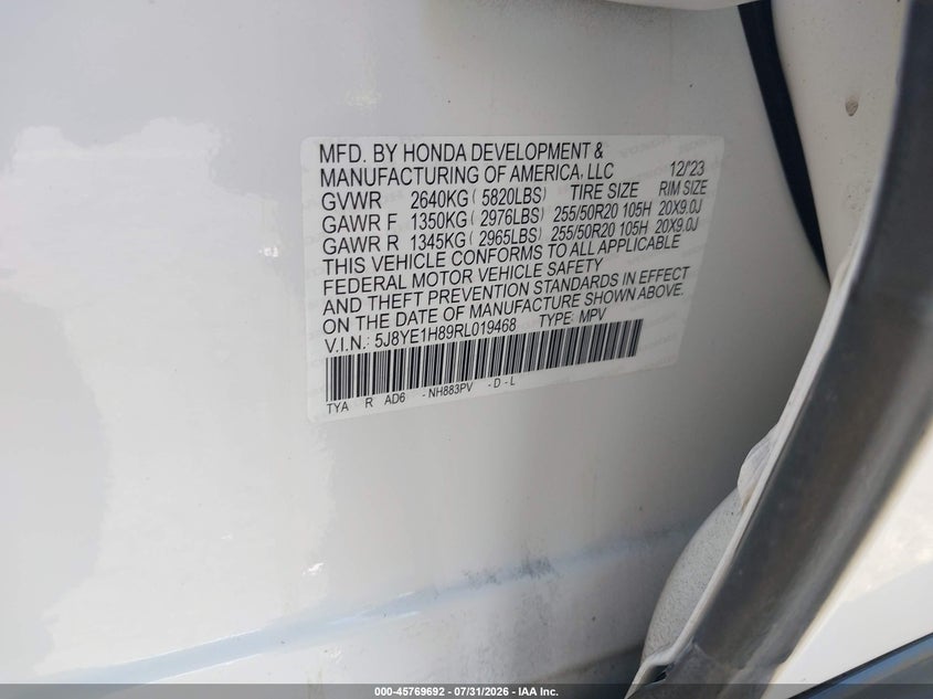 2024 Acura Mdx VIN 5J8YE1H89RL019468 IAAI salvage auction — RIGHT FRONT, Rebuildable (Florida), sold $14,150 on 2026-08-25 (photo 9)