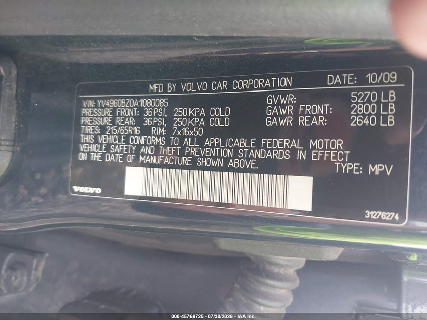 2010 Volvo Xc70 VIN YV4960BZ0A1080085 IAAI salvage auction — FRONT END, Clear (New York), sold $400 on 2026-08-04 (photo 9)