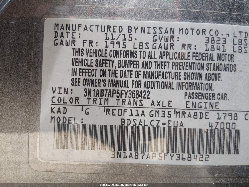 2015 Nissan Sentra VIN 3N1AB7AP5FY368422 IAAI salvage auction — LEFT SIDE, Salvage Title, sold $600 on 2026-08-21 (photo 9)