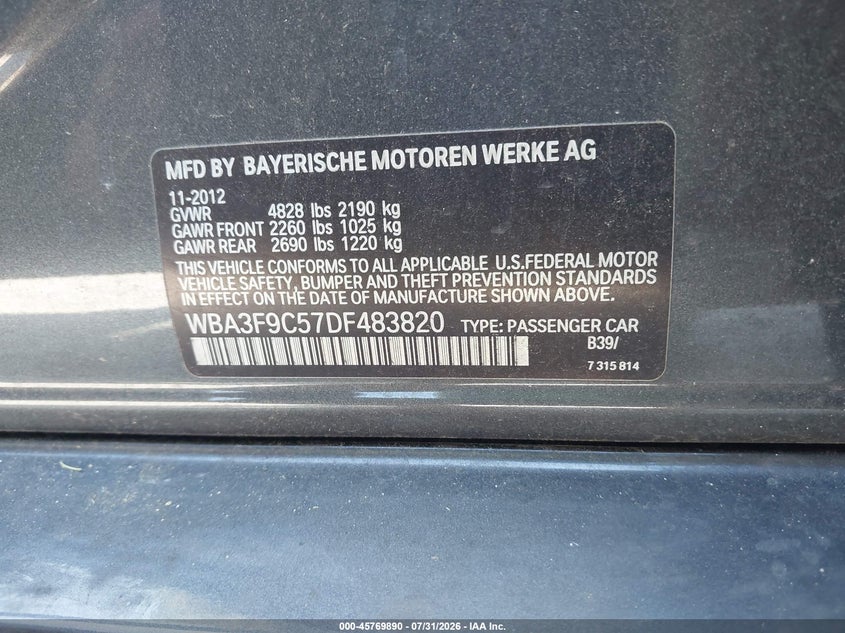 2013 BMW 3er VIN WBA3F9C57DF483820 IAAI salvage auction — NORMAL WEAR, Clear (Georgia), sold $1,300 on 2026-08-18 (photo 9)