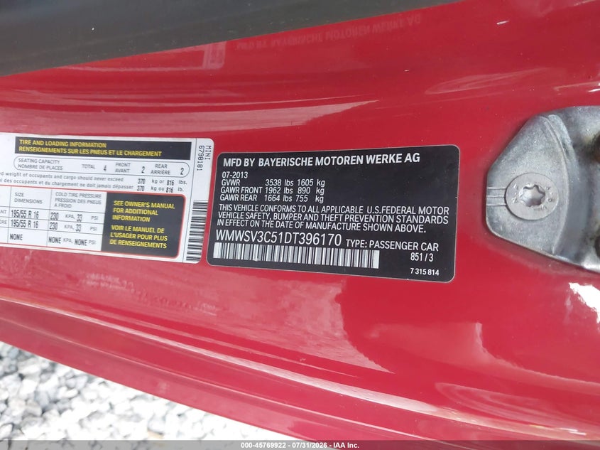 2013 Mini Hard top VIN WMWSV3C51DT396170 IAAI salvage auction — NORMAL WEAR, Wait Title, sold $600 on 2026-08-15 (photo 9)