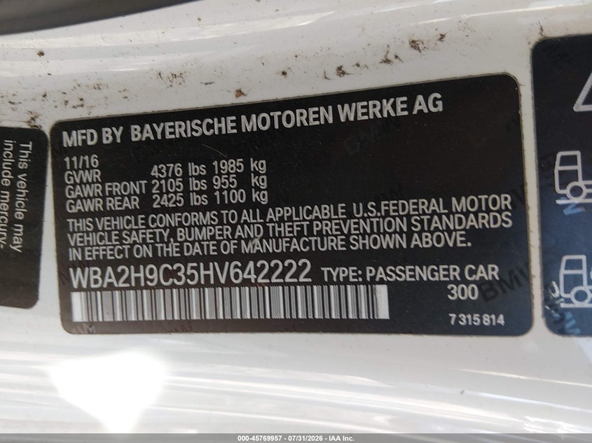 2017 BMW 2er VIN WBA2H9C35HV642222 IAAI salvage auction — FRONT END, Wait Title, sold $4,650 on 2026-08-14 (photo 9)