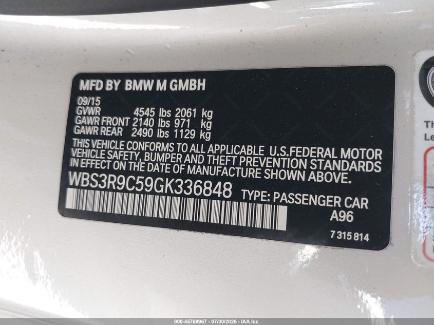 2016 BMW M4 VIN WBS3R9C59GK336848 IAAI salvage auction — REAR END, Salvage Title, sold $12,800 on 2026-08-20 (photo 9)