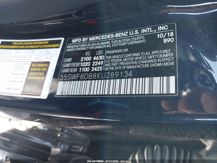 2019 Mercedes-benz C-klasse VIN 55SWF8DB8KU289134 IAAI salvage auction — FRONT END, Wait Title, sold $8,100 on 2026-09-07 (photo 9)