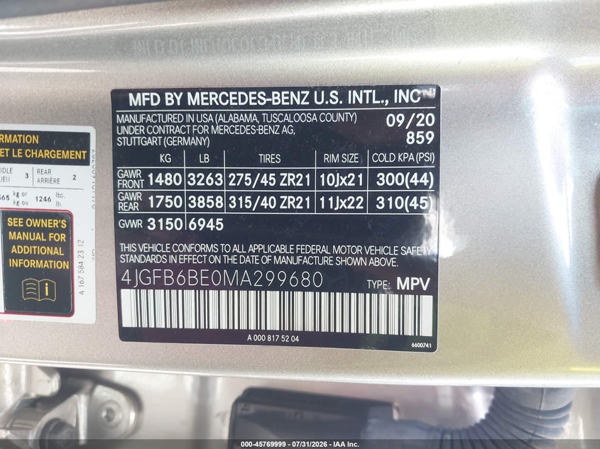 2021 Mercedes-benz VIN 4JGFB6BE0MA299680 IAAI salvage auction — FRONT END, Wait Title, sold $28,450 on 2026-09-21 (photo 9)