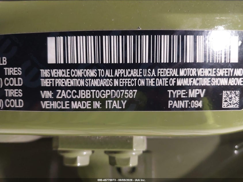 2016 Jeep Renegade VIN ZACCJBBT0GPD07587 IAAI salvage auction — LEFT FRONT, Mv-907A (New York), sold $1,550 on 2026-08-12 (photo 9)