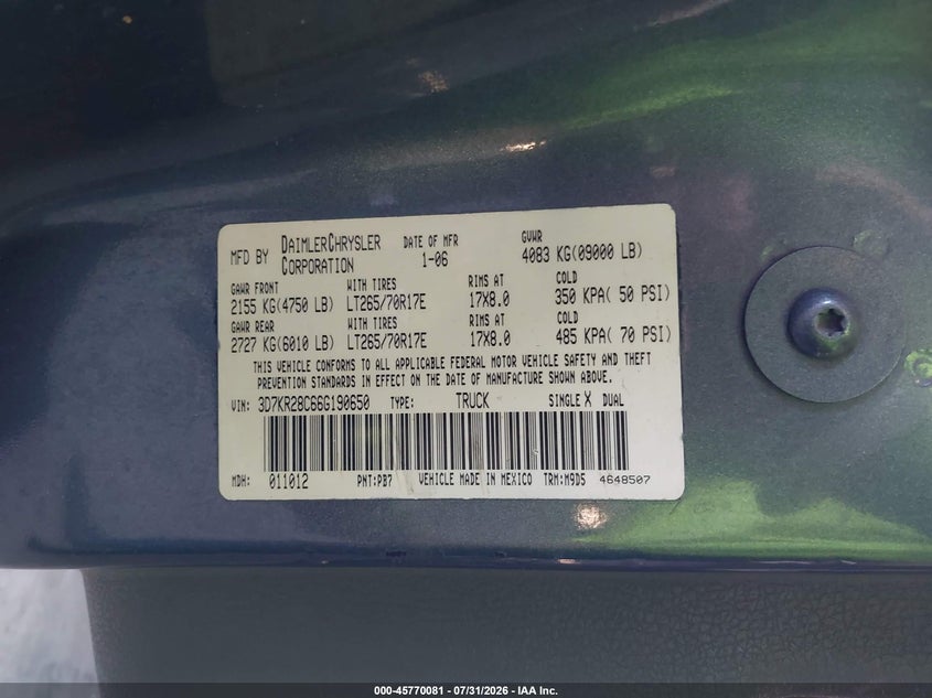 2006 Dodge Ram 2500 VIN 3D7KR28C66G190650 IAAI salvage auction — NORMAL WEAR, Clear - Dealer Only (California), sold $1,700 on 2026-08-09 (photo 9)