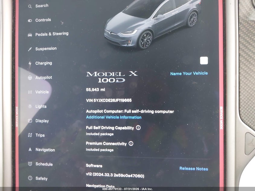 2018 Tesla Model x VIN 5YJXCDE26JF119665 IAAI salvage auction — STRIPPED, Wait Title, sold $7,200 on 2026-08-20 (photo 7)