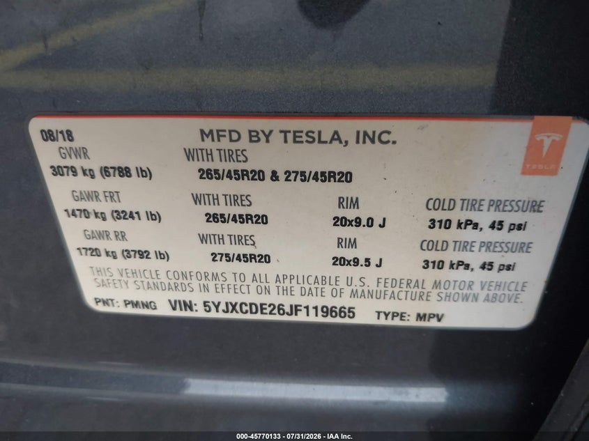 2018 Tesla Model x VIN 5YJXCDE26JF119665 IAAI salvage auction — STRIPPED, Wait Title, sold $7,200 on 2026-08-20 (photo 9)