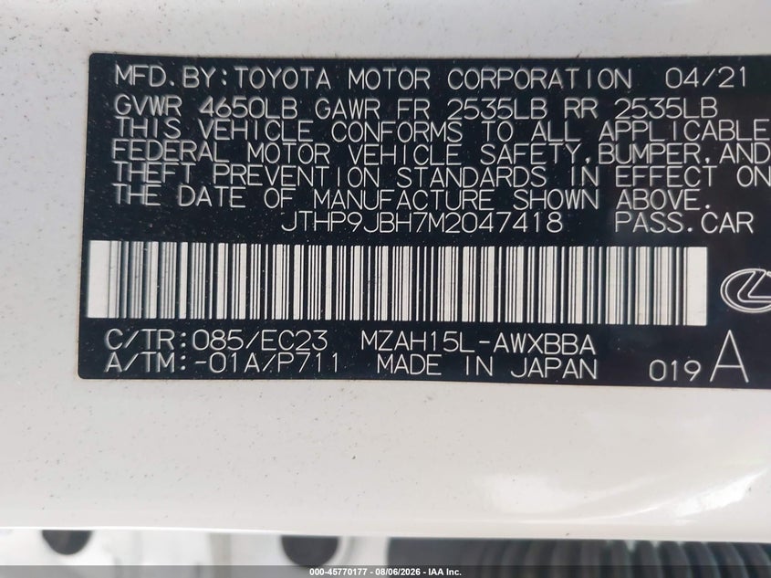 2021 Lexus Ux VIN JTHP9JBH7M2047418 IAAI salvage auction — LEFT SIDE, Salvage Title, sold $12,200 on 2026-08-24 (photo 9)