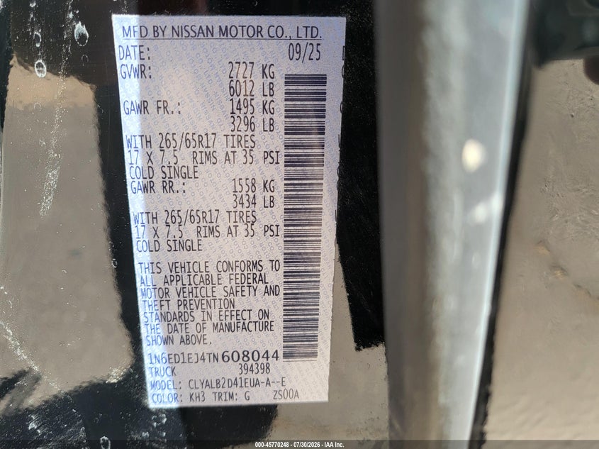 2026 Nissan Navara (Frontier) VIN 1N6ED1EJ4TN608044 IAAI salvage auction — Normal Wear & Tear, Clear, sold $10,250 on 2026-08-18 (photo 9)