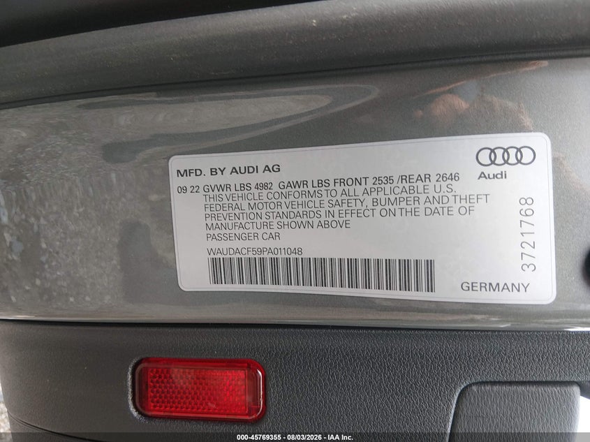 2023 Audi A5 VIN WAUDACF59PA011048 IAAI salvage auction — LEFT FRONT, Salvage (Indiana), sold $15,400 on 2026-09-09 (photo 9)