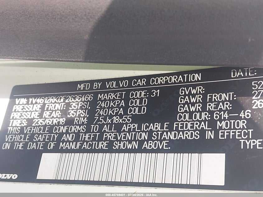 2015 Volvo Xc60 VIN YV4612RK0F2636466 IAAI salvage auction — NORMAL WEAR, Clear (Tennessee), sold $1,750 on 2026-08-08 (photo 9)