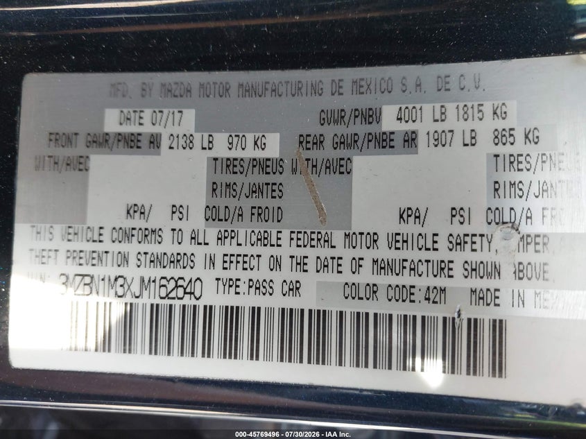 2018 Mazda 3 VIN 3MZBN1M3XJM162640 IAAI salvage auction — LEFT REAR, Wait Title, sold $0 on 2026-09-20 (photo 9)