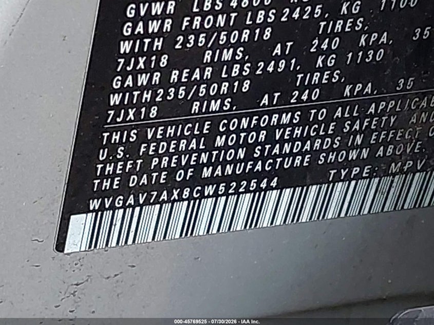 2012 Volkswagen Tiguan VIN WVGAV7AX8CW522544 IAAI salvage auction — FRONT END, Salvage Title, sold $525 on 2026-08-20 (photo 9)